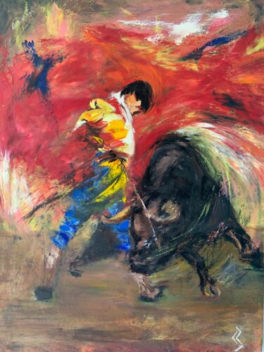 Painting titled "bullfight" by Serhii Zarichniuk, Original Artwork, Oil Mounted on Wood Stretcher frame