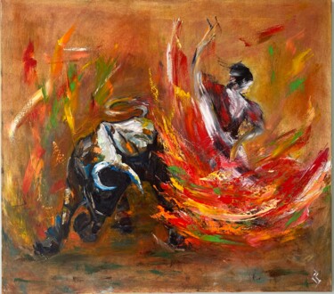 Pittura intitolato "woman dancer and bu…" da Serhii Zarichniuk, Opera d'arte originale, Olio