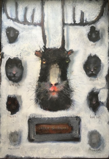 Картина под названием "Sheep & Forks" - Sergii Shkoliar, Подлинное произведение искусства, Акрил Установлен на Деревянная ра…