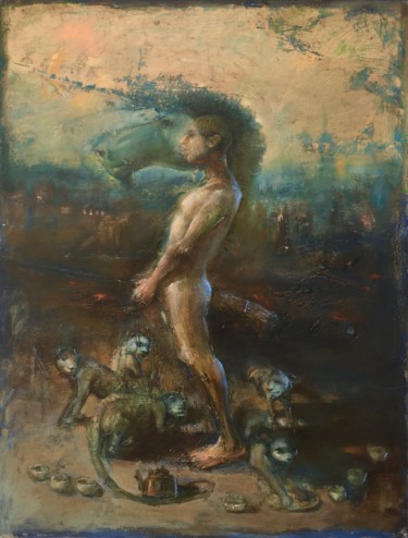 Painting titled "U N I C O R N" by Sergii Shkoliar, Original Artwork, Oil Mounted on Wood Stretcher frame