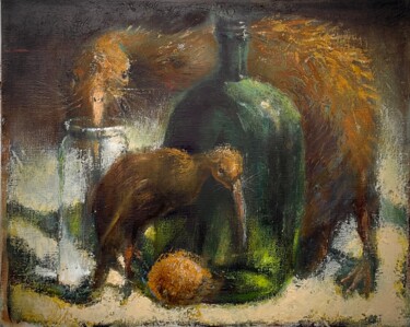 Painting titled "Three kiwi" by Sergii Shkoliar, Original Artwork, Oil Mounted on Wood Stretcher frame