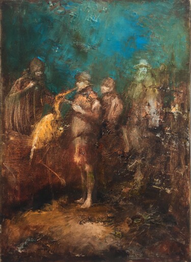 Painting titled "heron kiss" by Sergii Shkoliar, Original Artwork, Oil Mounted on Wood Stretcher frame