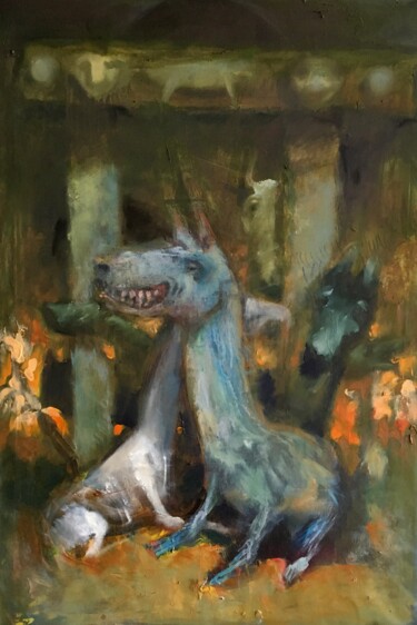 Schilderij getiteld "hound archway" door Sergii Shkoliar, Origineel Kunstwerk, Olie Gemonteerd op Frame voor houten brancard