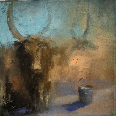 Painting titled "Milk bucket" by Sergii Shkoliar, Original Artwork, Oil Mounted on Wood Stretcher frame