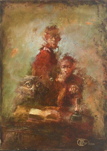 Painting titled "Owl tales" by Sergii Shkoliar, Original Artwork, Oil Mounted on Wood Stretcher frame