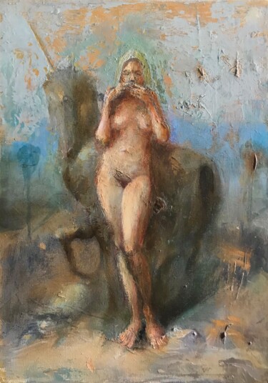 Painting titled "distrustful unicorn" by Sergii Shkoliar, Original Artwork, Oil Mounted on Wood Stretcher frame