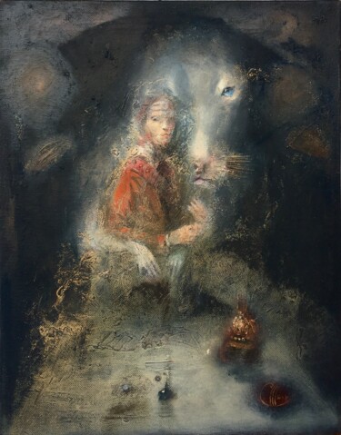 Pittura intitolato "Ermine with a Lady" da Sergii Shkoliar, Opera d'arte originale, Olio Montato su Telaio per barella in le…