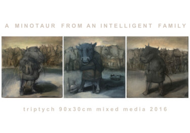 Painting titled "A MINOTAUR FROM AN…" by Sergii Shkoliar, Original Artwork, Acrylic Mounted on Wood Stretcher frame