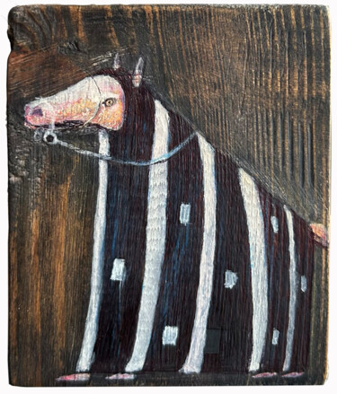 Painting titled "Wooden Horse" by Sergii Shkoliar, Original Artwork, Acrylic Mounted on Wood Panel