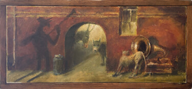 Painting titled "Bremen musicians in…" by Sergii Shkoliar, Original Artwork, Oil Mounted on Wood Stretcher frame