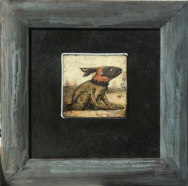 Painting titled "Hare in Helmet" by Sergii Shkoliar, Original Artwork, Oil Mounted on Cardboard
