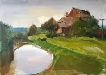 Painting titled "Watermill" by Sergii Shkoliar, Original Artwork, Oil Mounted on Wood Stretcher frame