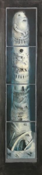 Painting titled "Tower 2" by Sergii Shkoliar, Original Artwork, Acrylic Mounted on Cardboard