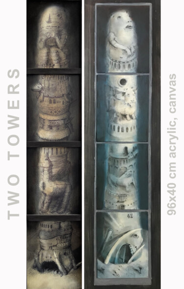 Schilderij getiteld "Two Towers" door Sergii Shkoliar, Origineel Kunstwerk, Acryl Gemonteerd op Karton