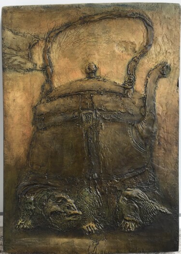 Pittura intitolato "flag over the castle" da Sergii Shkoliar, Opera d'arte originale, Olio Montato su Pannello di legno