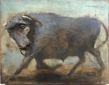 Malerei mit dem Titel "A small bull" von Sergii Shkoliar, Original-Kunstwerk, Öl Auf Holzplatte montiert