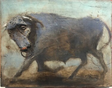 Painting titled "A small bull" by Sergii Shkoliar, Original Artwork, Oil Mounted on Wood Panel