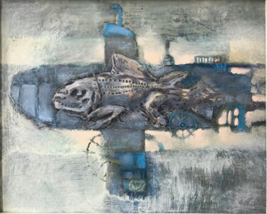 Painting titled "Sub-boat" by Sergii Shkoliar, Original Artwork, Oil Mounted on Wood Panel