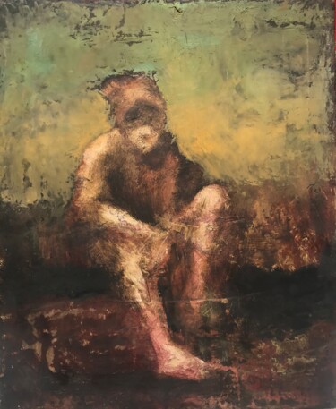 Painting titled "Sitting boy" by Sergii Shkoliar, Original Artwork, Oil Mounted on Wood Panel