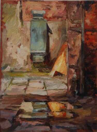 Painting titled ""In the courtyard"" by Marina Shavyrina-Shkoliar, Original Artwork, Oil Mounted on Cardboard