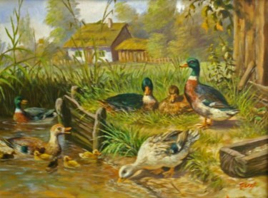 Painting titled "Ducks_(40x50)_(200)…" by Şeref Aydınlık, Original Artwork, Oil