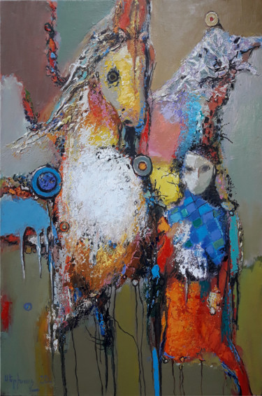 Pintura titulada "Girl with horse (50…" por Serkhach, Obra de arte original, Oleo Montado en Bastidor de camilla de madera