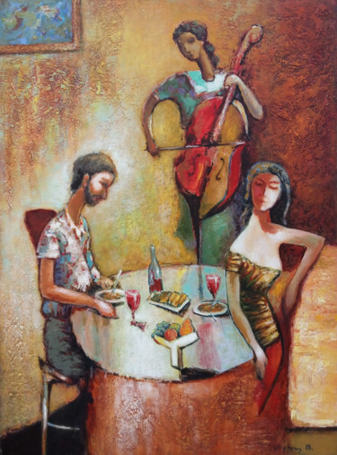Painting titled "Jazz cafe (60x80cm,…" by Serkhach, Original Artwork, Oil Mounted on Wood Stretcher frame