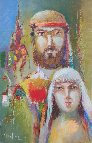 Schilderij getiteld "Armenian couple (40…" door Serkhach, Origineel Kunstwerk, Olie Gemonteerd op Frame voor houten brancard