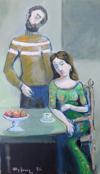 Картина под названием "Young couple (30x50…" - Serkhach, Подлинное произведение искусства, Акрил Установлен на Деревянная ра…