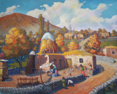 Painting titled "Rural courtyard (80…" by Serkhach, Original Artwork, Oil Mounted on Wood Stretcher frame