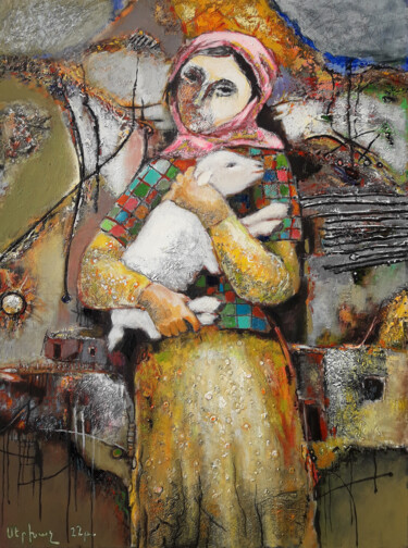 Painting titled "With lamb, 60x80cm,…" by Serkhach, Original Artwork, Oil Mounted on Wood Stretcher frame