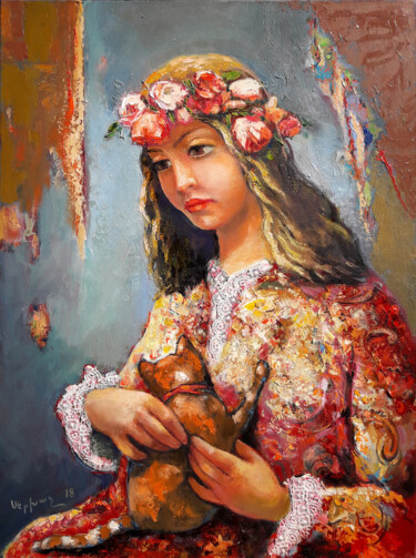 Painting titled "Girl with cat(80x60…" by Serkhach, Original Artwork, Oil Mounted on Wood Stretcher frame