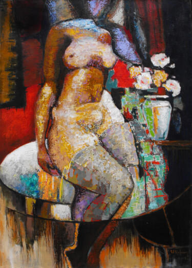 Painting titled "Nude figure(90x60cm…" by Serkhach, Original Artwork, Oil Mounted on Wood Stretcher frame