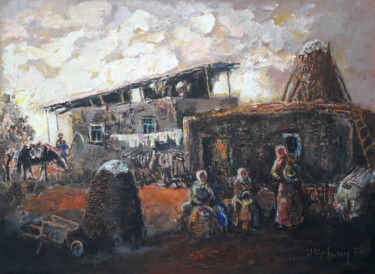 Painting titled "DUSK IN THE VILLAGE" by Serkhach, Original Artwork, Oil Mounted on Wood Stretcher frame