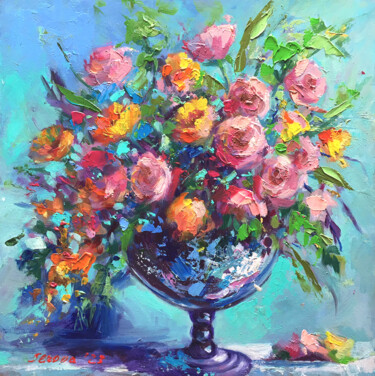 Painting titled "Roses flower painti…" by Valerie Serova, Original Artwork, Oil