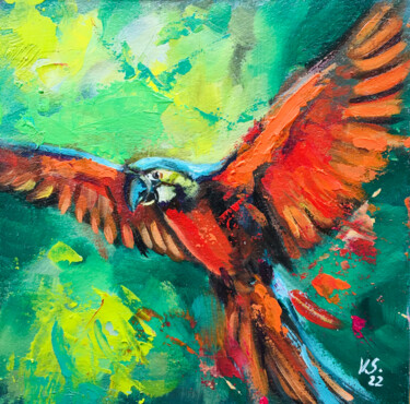 Painting titled "Framed Bird paintin…" by Valerie Serova, Original Artwork, Oil Mounted on Cardboard
