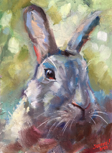 Malerei mit dem Titel "Rabbit Art Artwork…" von Valerie Serova, Original-Kunstwerk, Öl Auf Karton montiert