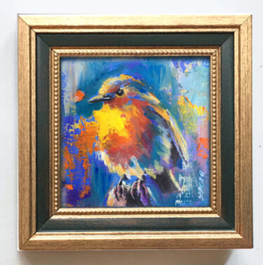 Painting titled "Framed Robin Bird p…" by Valerie Serova, Original Artwork, Oil Mounted on Other rigid panel