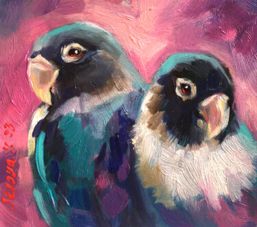 Painting titled "Blue parrot Bird pa…" by Valerie Serova, Original Artwork, Oil Mounted on Wood Panel