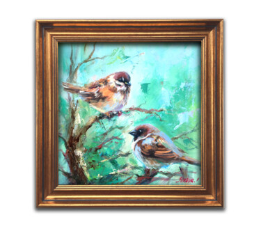 Painting titled "Framed Bird paintin…" by Valerie Serova, Original Artwork, Oil Mounted on Cardboard