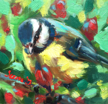 Ζωγραφική με τίτλο "Framed tit Bird pai…" από Valerie Serova, Αυθεντικά έργα τέχνης, Λάδι Τοποθετήθηκε στο Ξύλινο φορείο σκε…