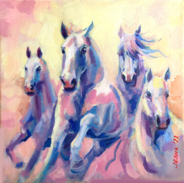 Painting titled "Horse Original Oil…" by Valerie Serova, Original Artwork, Oil Mounted on Wood Stretcher frame