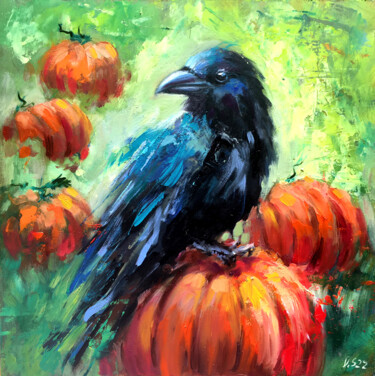 Painting titled "Raven Bird Original…" by Valerie Serova, Original Artwork, Oil