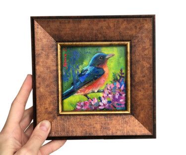 Painting titled "FRAMED BIRD PAINTIN…" by Valerie Serova, Original Artwork, Oil