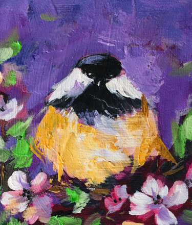 Painting titled "Framed small bird p…" by Valerie Serova, Original Artwork, Oil