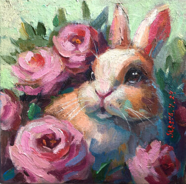 Painting titled "Rabbit Painting Whi…" by Valerie Serova, Original Artwork, Oil