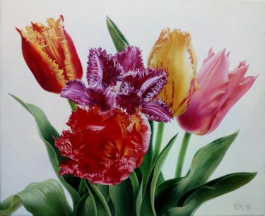 Painting titled "Tulips" by Elizaveta Khudyakova, Original Artwork, Oil