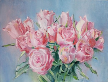 Painting titled "Pink roses" by Elizaveta Khudyakova, Original Artwork, Oil