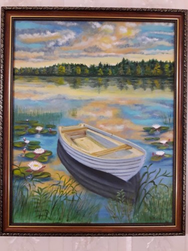 Schilderij getiteld "шлюпка на озере" door Tikhon Petrov, Origineel Kunstwerk, Olie Gemonteerd op Frame voor houten brancard