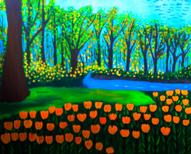 Pintura intitulada "Bosque con flores" por Servelio Hernández Sierra, Obras de arte originais, Óleo